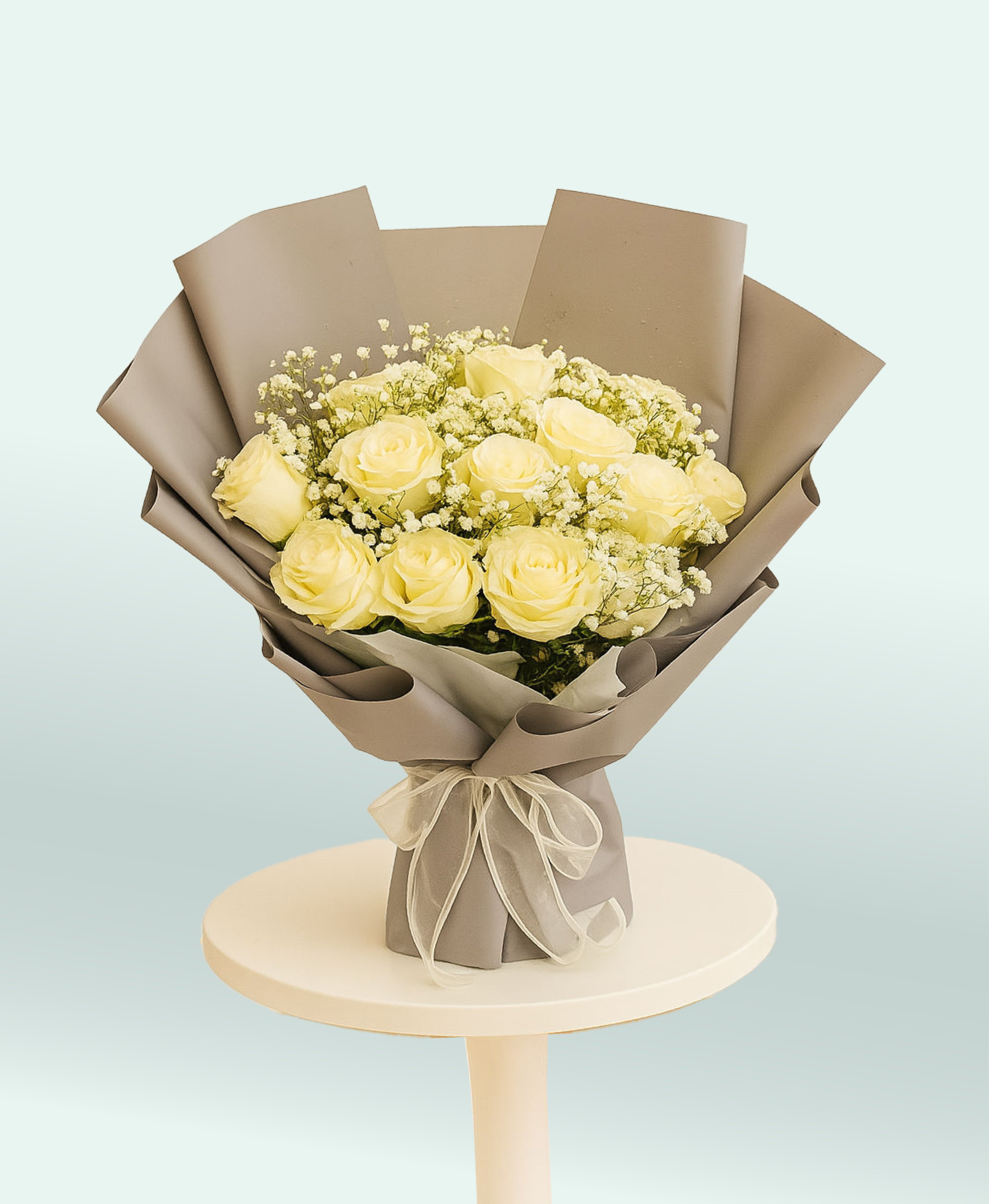 Ethereal Elegance – White Rose & Gypsum Bouquet